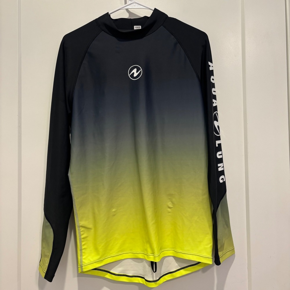 Aqua Lung Mens Long Sleeve Rash Guard Black Lime Green Ombre Swim Shirt Large
